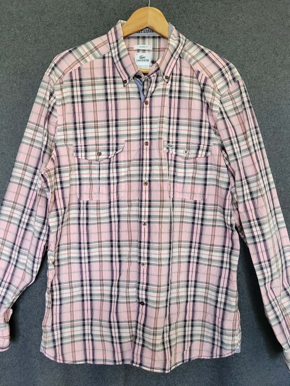 Lacoste Plaid Button Up Shirt Flap Pocket Alligator Logo Western Preppy Men’s 42